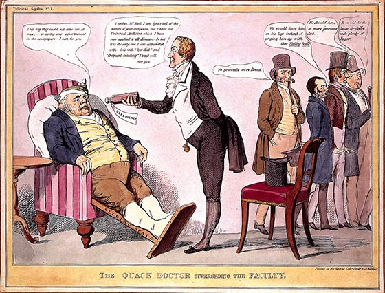 A quack doctor offering a gouty John Bull some medicine whilst conventional doctors are turned away, satirizing British politics. Coloured lithograph attributed to J. Doyle.
