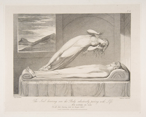 The Soul. William Blake&rsquo;s portrayal of the soul departing the body upon death captures what most people believe to take place. An illustration from a series designed by Blake for an edition of the poem &ldquo;The Grave&rdquo; by Robert Blair, engraved by Louis Schiavonetti in 1813, titled <em>The Soul Hovering over the Body, Reluctantly Parting with Life</em>. Courtesy of the Metropolitan Museum of Art.