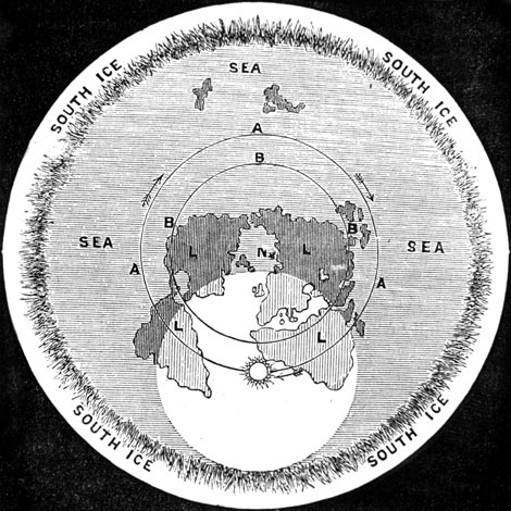 Flat Earth map from Samuel Birley Rowbotham&rsquo;s book Zetetic Astronomy (1865).