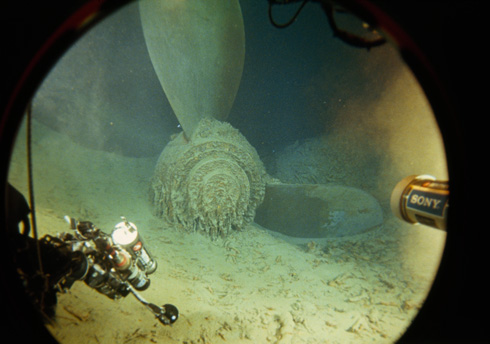 View of the propeller of the R.M.S. Titanic from the Mir submersible porthole. (National Geographic/Emory Kristof)