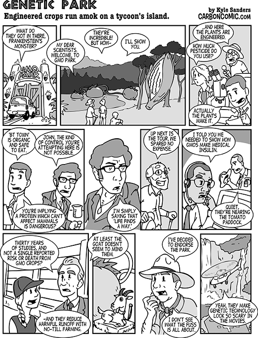 Genetic Park: Engineered Crops Run Amok on a Tycoon's Island (Carbon Comic by Kyle Sanders in Skeptic magazine issue 19.4)