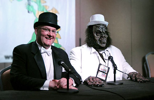 Ben Radford (left) and Blake Smith conduct a live MonsterTalk at Dragon*Con 2012. (Photo courtesy Susan Gerbic)