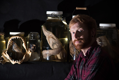 Featured: goblin shark, oarfish (behind Ben), Bathysaurus, a Sarcastic Fringehead, white shark jaw and a stonefish (copyright Scripps Institution of Oceanography)
