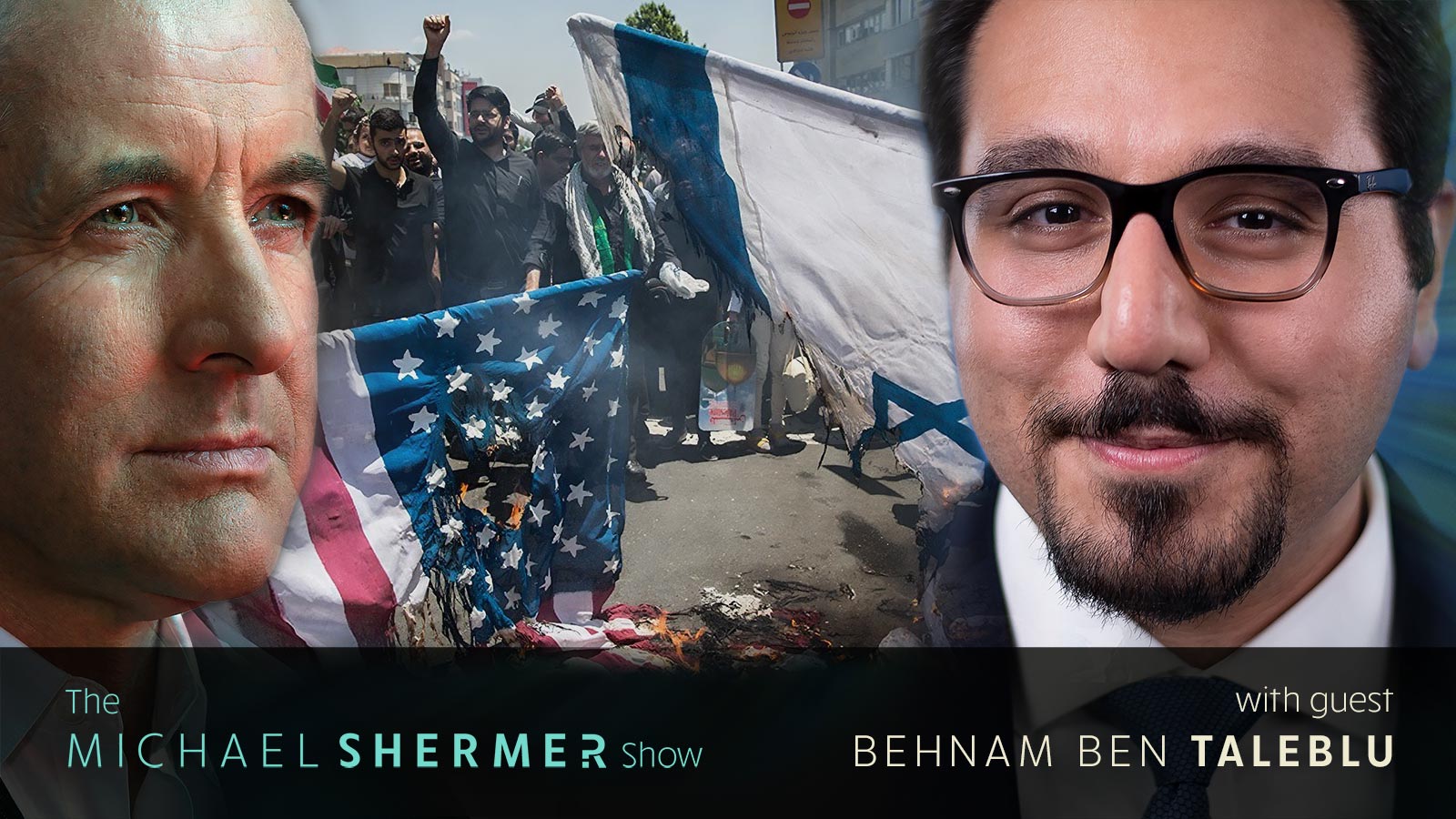 Image in background by Fars Media Corporation, CC BY 4.0 , via Wikimedia Commons. People in Iran burning the flags of the United States and Israel